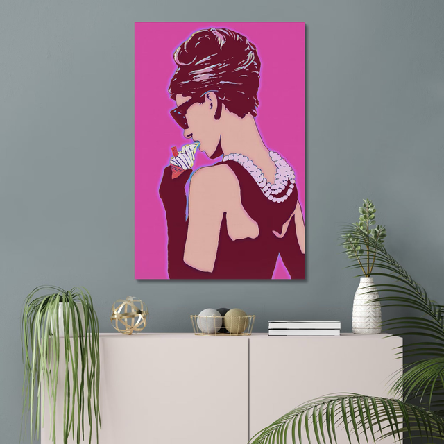 Audrey with Ice Cream, Audrey Hepburn, Pink, Pop Art Canvas, Warhol inspired, Home Decor, Wall Art