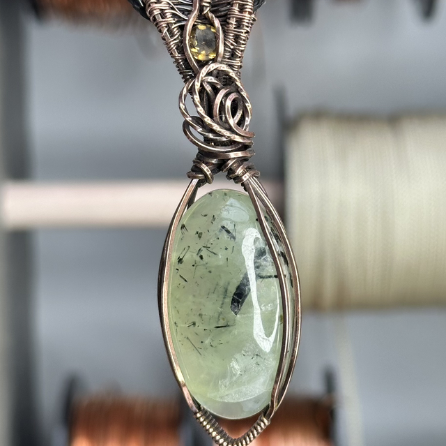Prehnite pure copper wire wrapped pendant 