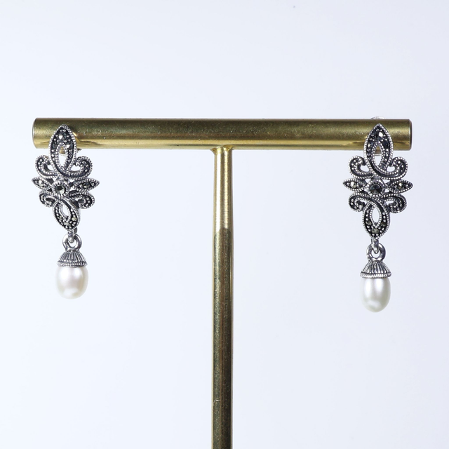 Pair of Sterling Silver 925 Art Deco Style Cream Coloured Fresh Water Pearl Marcasite Gemstone Star Design Drop Dangle Earrings