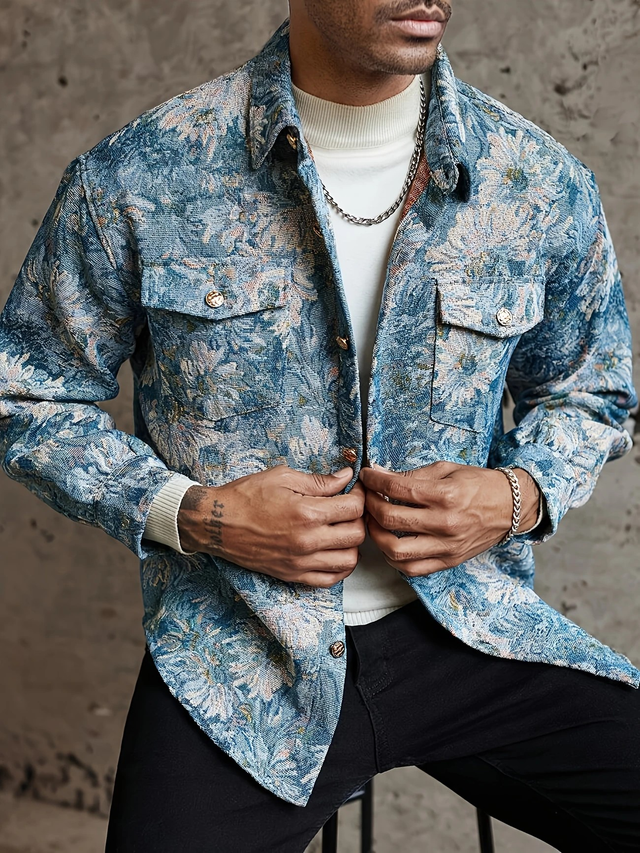 Men's Corduroy Fabric Jacket with Floral Embroidery