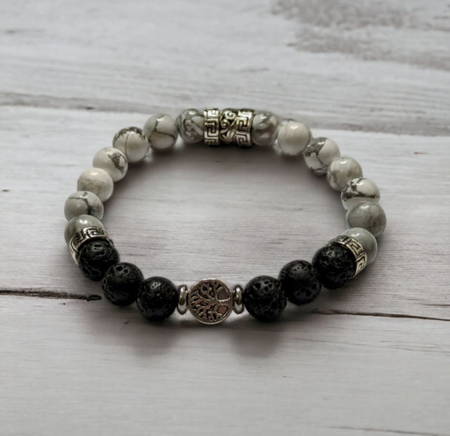 Ancrage /Clarifie les pensées/ Bracelet Howlite et Pierres de Lave - 8mm