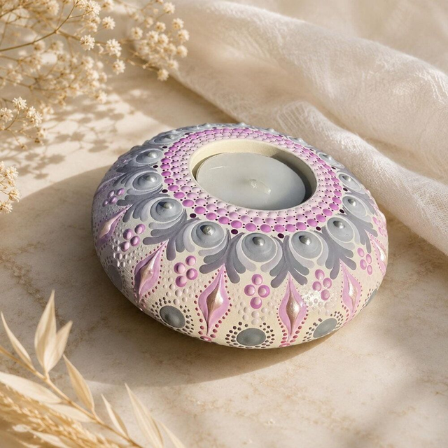 Bougeoir mandala gris &amp; rose en plâtre résine – Peint à la main