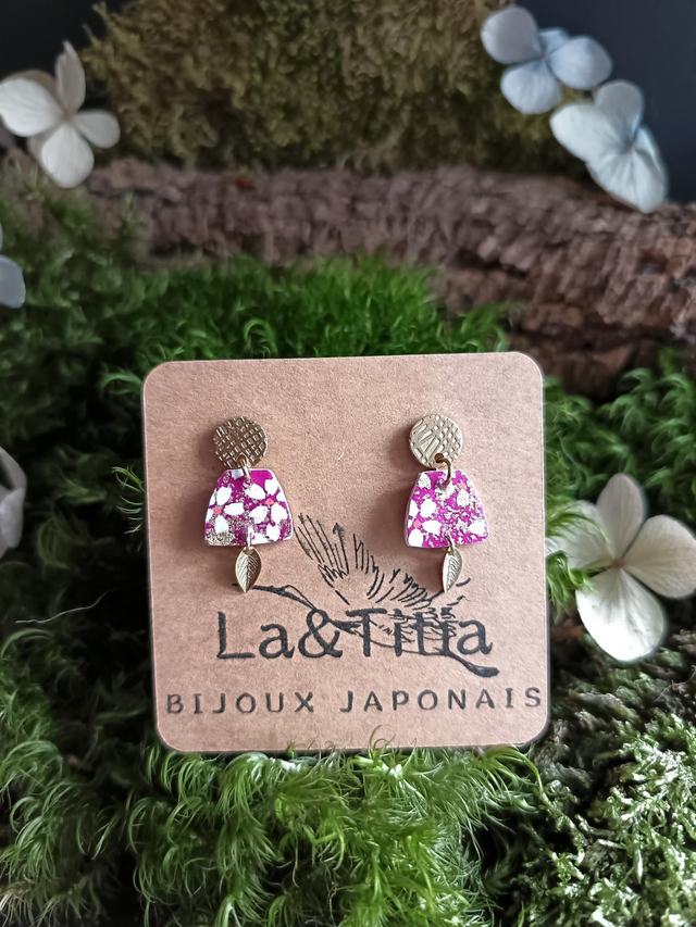 Boucles d'oreilles - puces - papier washi - Sakura - fleurs de cerisier - feuilles - La&amp;Titia 