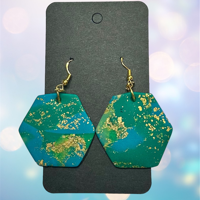 Blue and Green Hexagon Earrings with Gold Leaf