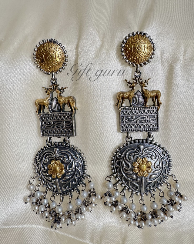  Antique Oxidised Dual-Tone Gold &amp; Oxidised Deer Dangler Earrings with Pearl Hangings