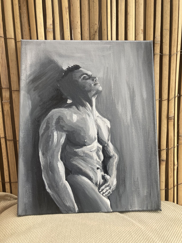 Origineel schilderij “Mannelijk discreet naakt, voorzijde ”  shades of grays Krista Kitsz Acryl op Stretched Canvas, klein kunstwerk  (1)