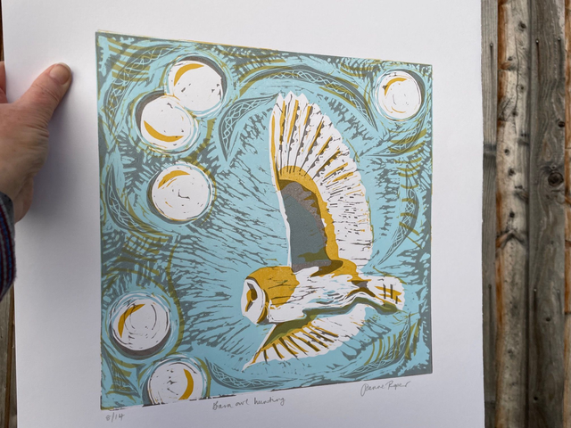 Barn owl hunting, limited edition linocut print