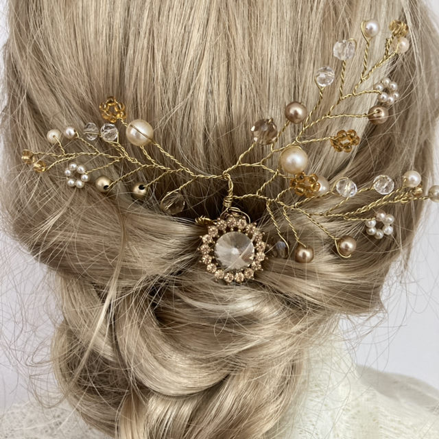Gold Tone Floral Spray Style Hand Wired Hair Comb Beaded with Faux Pearls, Golden Beads, Crystals and Rhinestones, for Brides, Bridesmaids, Prom