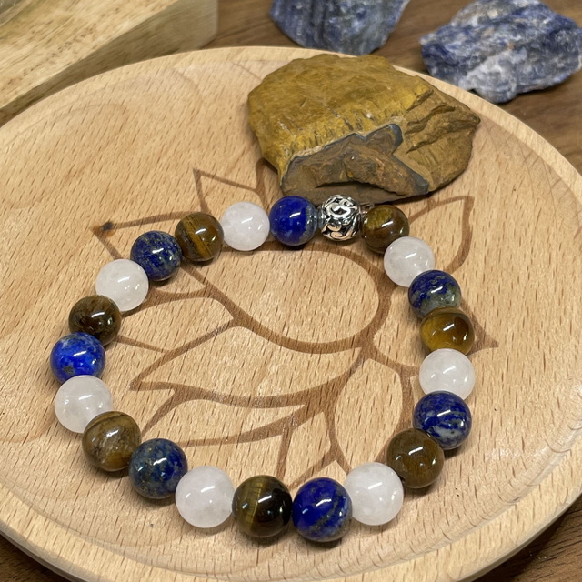 💫♊️🐅Bracelet Signe du Gémeaux en Jade blanc, Lapis lazuli et Oeil de tigre