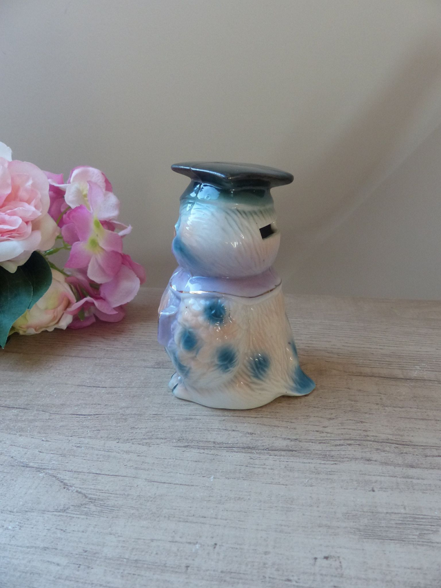 Tirelire Figurine Hibou Savant en Céramique Portant un Chapeau des Lunettes et un Livre, Cadeau Projet Réussite Exament Diplôme Université