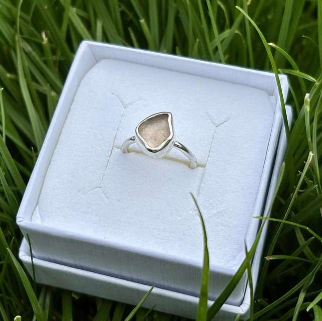 Pale Pink Seaglass &amp; Recycled Silver Pinky Ring Size C