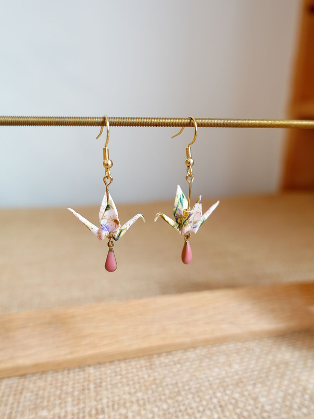INOX doré / Origami grues, oiseaux / Papier japonais washi / Rose, violet, or / Boucles d'oreilles origami /