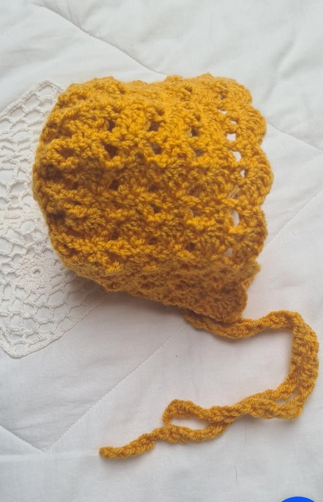 Crochet Baby Bonnet Hat Mustard Scalloped Edge 3-6 Months