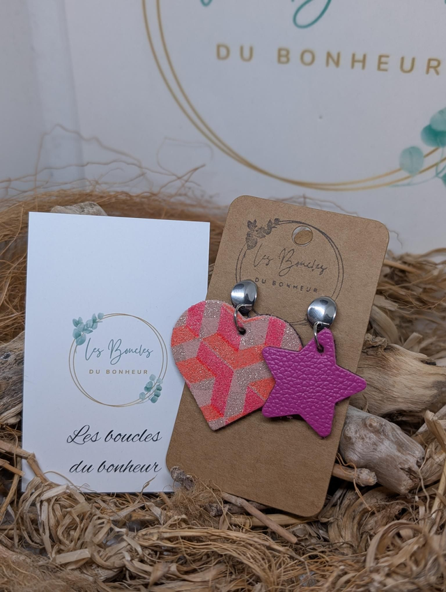 Boucles d'oreilles Asymétrique coeur étoile rose li032