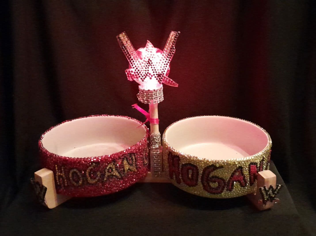 Wrestling Hulk Hulk Theme CUSTOM PET NAME Decorated &amp; Designed On A PAIR Of Grey Pet Bowls With A Battery Light Up W Bowl Stand PRE-ORDER