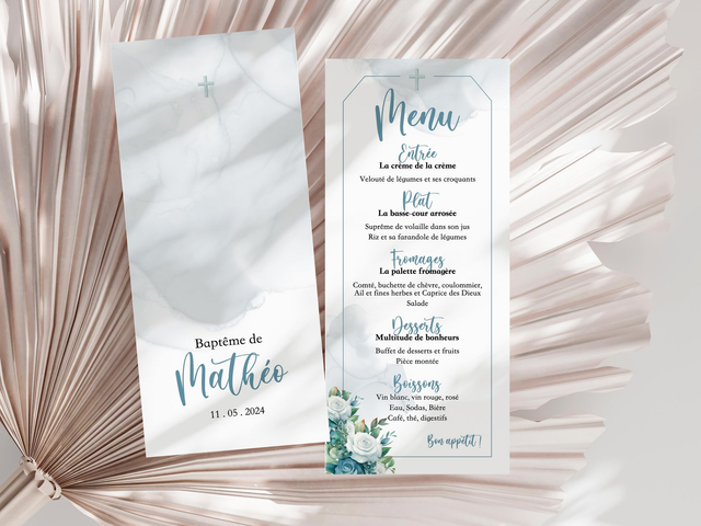 Menu Baptême Fleurs &amp; Blush bleu