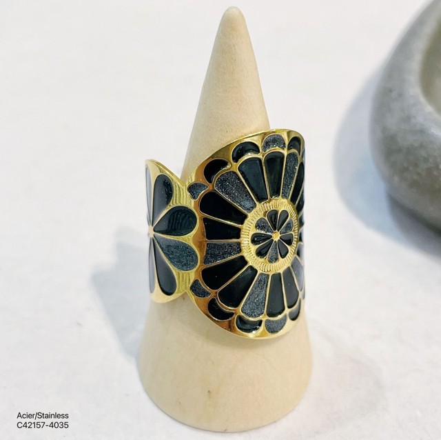 Bague émaillée double cercle doré réglable 