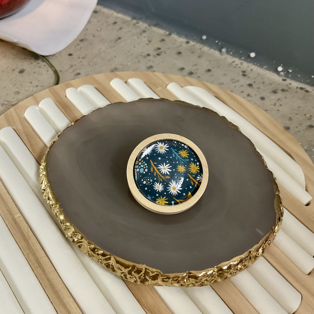 Handmade brooch with blue Christmas design. Beautiful Christmas gift.