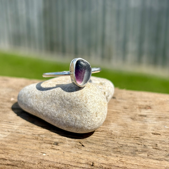 Purple Seaham Multi & Recycled Silver Ring Size T
