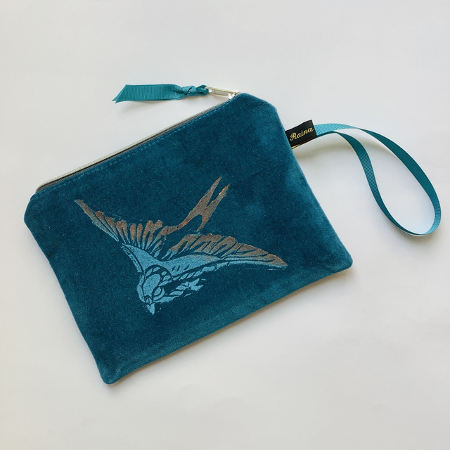 Teal Swallow velvet Zip-Up Pouch 