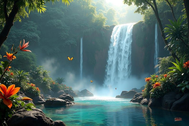 Tableau Cascade Tropicale 🌺 | Jungle Luxuriante &amp; Papillons – Art Mural Nature 🦋✨