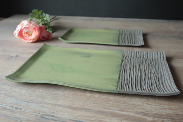 Handmade ceramic square plates size S/L, serving plates in natural style, green brown, stoneware, handmade