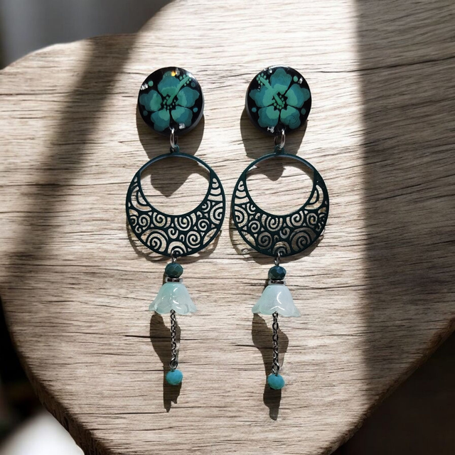 Boucles d'oreilles Flora vert d'eau et canard