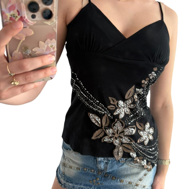 y2k Black and gold embellished cami top with sequins and beads