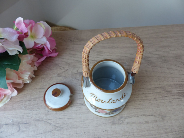 Pot à Moutarde Vintage en Céramique avec anse en Osier, Moutardier Pot à Condiment Français Poterie Décoration Cuisine Campagne