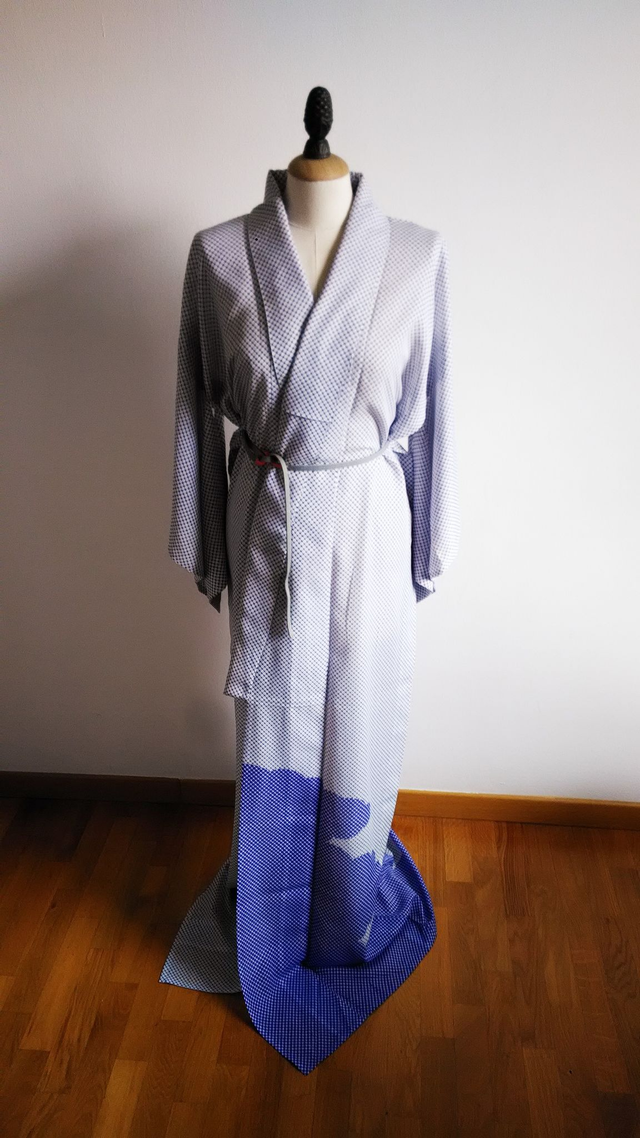 Cloud Pattern Vintage Japanese Kimono, White and Blue Colour Lightweight Sheer Polyester Japanese Jacket Coat and Vintage Obijime Belt