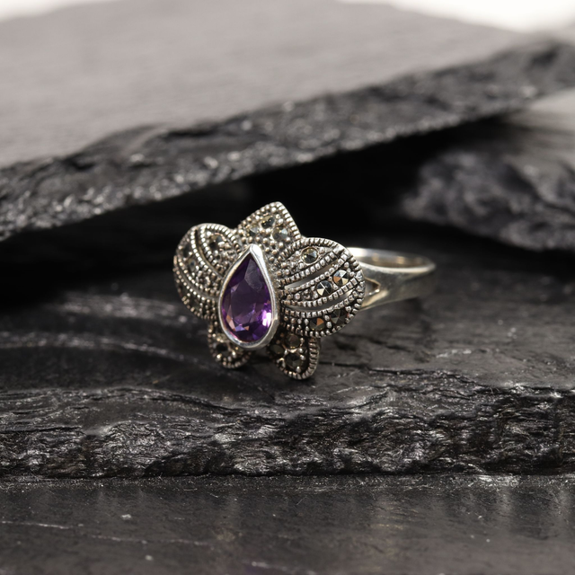 Vintage Sterling Silver 925 Art Deco Style Pear Cut Purple Amethyst With Marcasite Gemstone Flower Design Ring Size O - 7