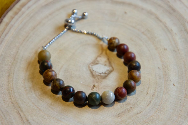 (XS-S) Jaspe Picasso / Bracelet coulissant inox et fil de soie / Finitions PREMIUM