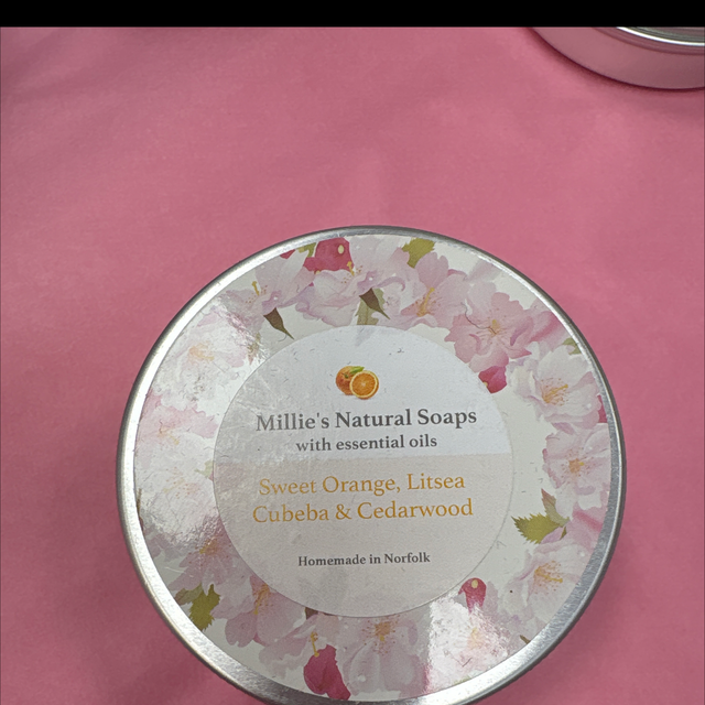 Millie’s natural soaps with essential oils, sweet orange, Litsea cubeba & cedarwood travel soap