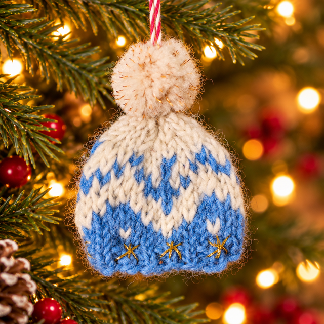 Knitted Christmas Bobble Hat Hanging Decorations – Blue or Red