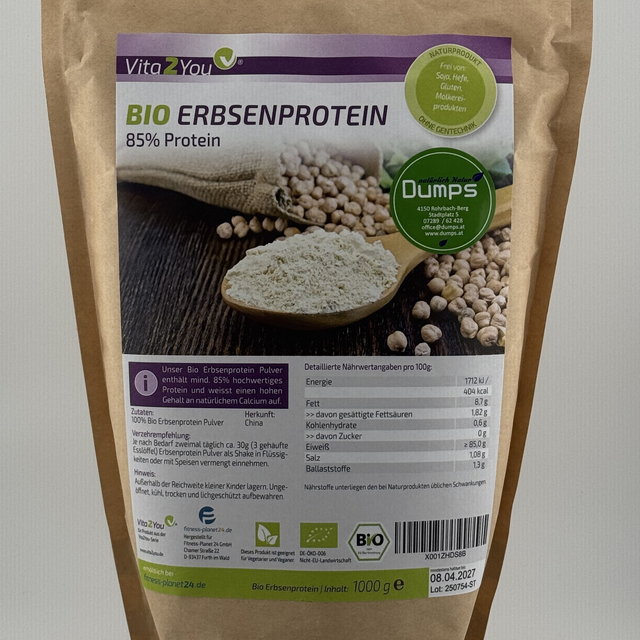 Vita2You Bio Erbsenprotein 1000g - 85% Protein - Isolat - Glutenfrei - Eiweiss - 1kg - vegan