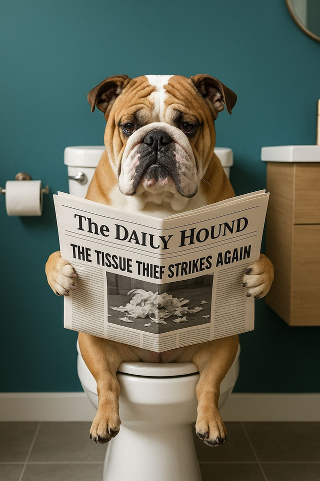 Bulldog on the Toilet Framed Canvas