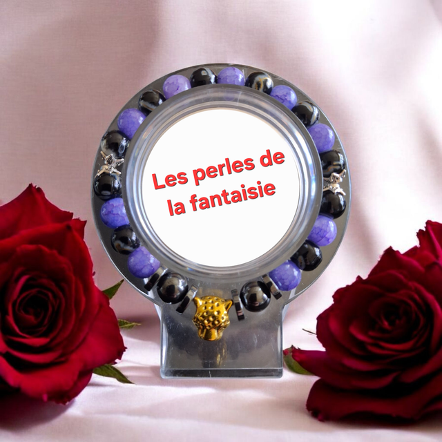 Bracelet perles de verre, perles hématite,breloque centrale léopard