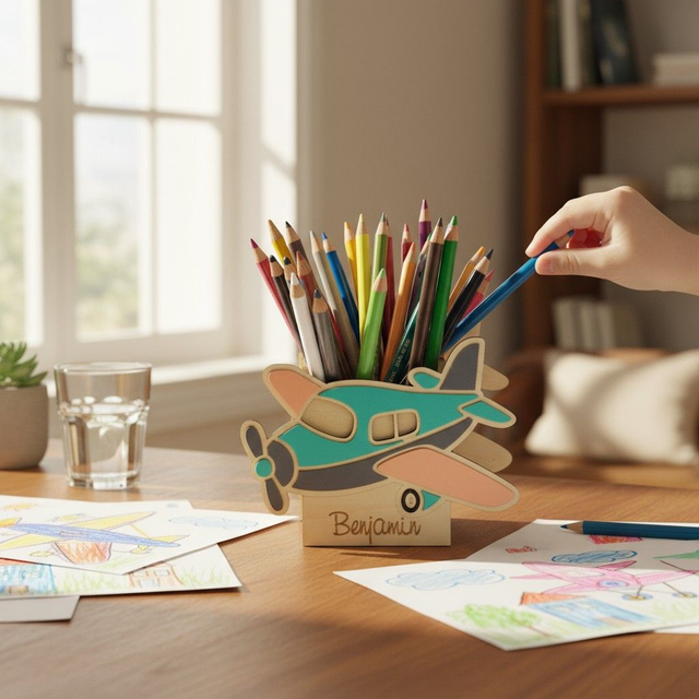 Pot à crayons et stylos en bois, cadeau pour enfants, décor avion