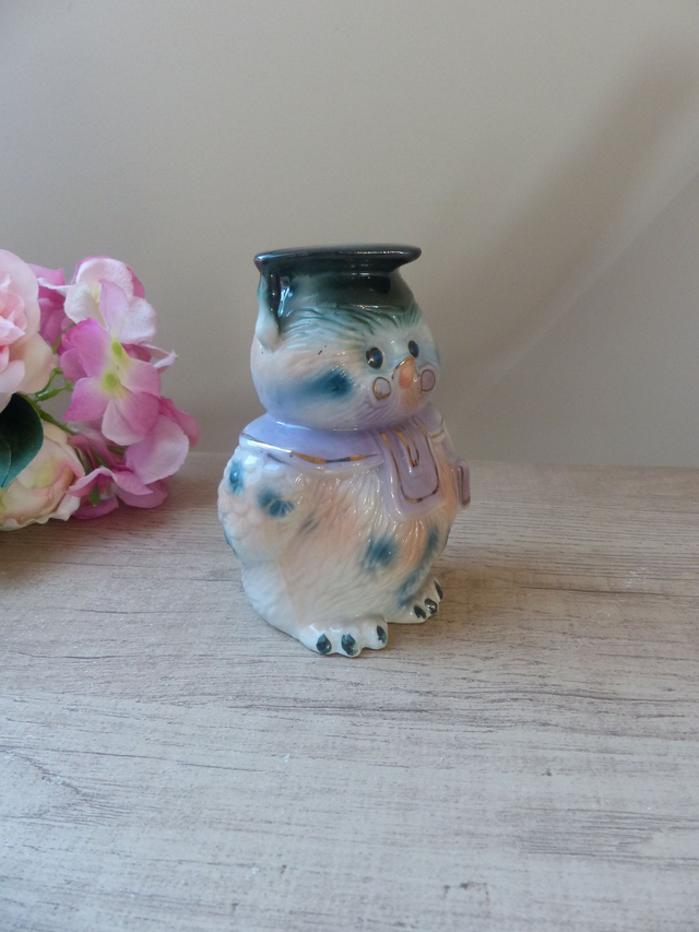 Tirelire Figurine Hibou Savant en Céramique Portant un Chapeau des Lunettes et un Livre, Cadeau Projet Réussite Exament Diplôme Université