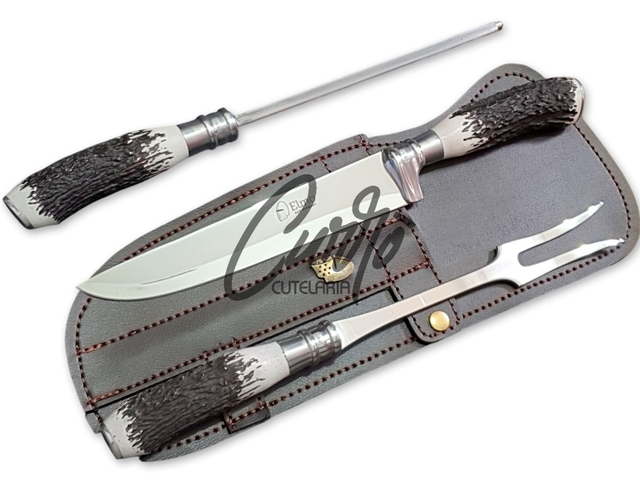 Conjunto Faca Chaira Garfo Elmo Cabo Resina Tipo Cervo 8 Pol