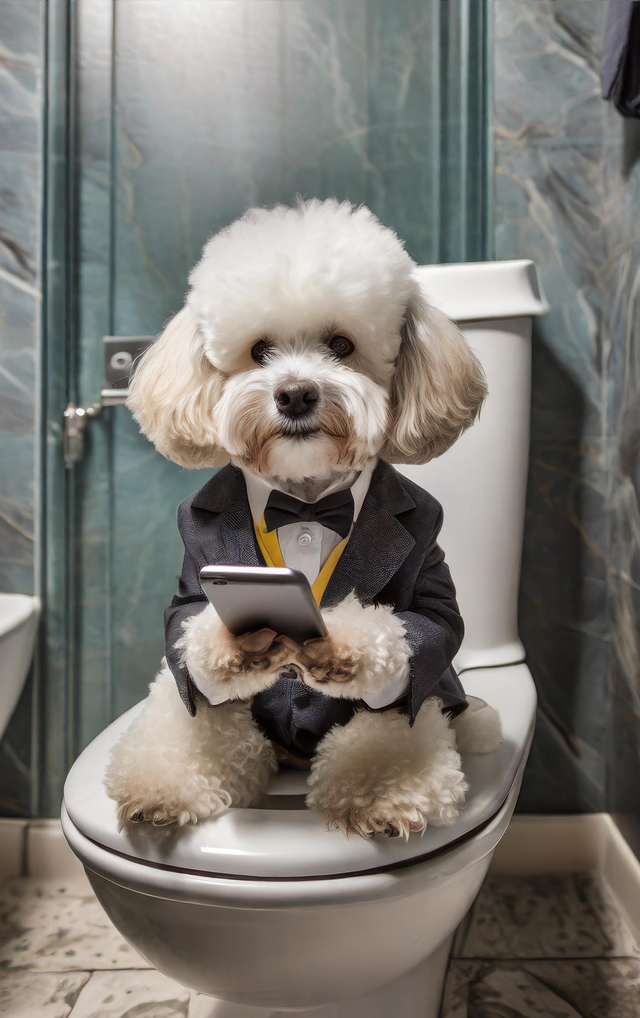 Bichon on the Toilet Framed Canvas