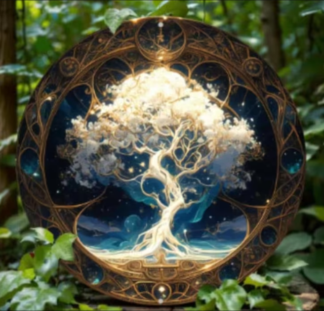 Vintage rond metalen bord Levensboom bij nacht (20cm)