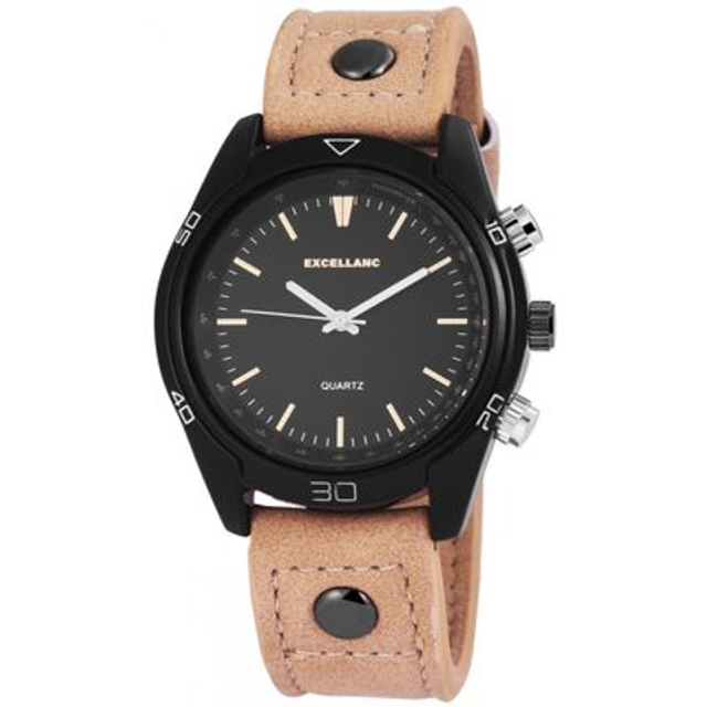Montre marque Excellanc homme fond noir  bracelet cuir de couleur beige