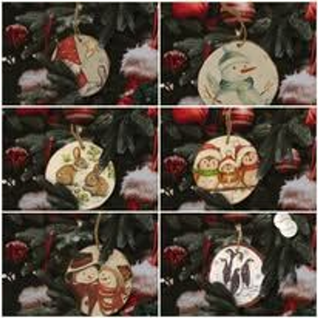 Festive Decoupage Rustic Wood Slice Tree Ornaments
