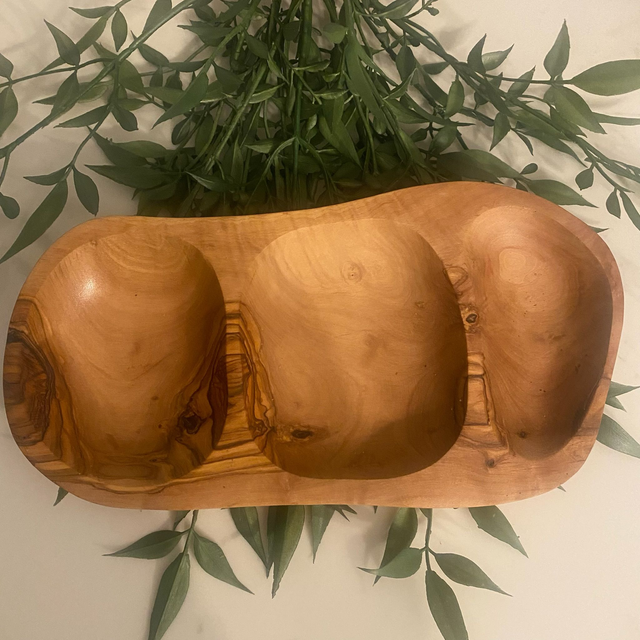 Olive Wood Plate with 3 Sections – Handcrafted Serving Dish for Snacks, Dips & Tapas
