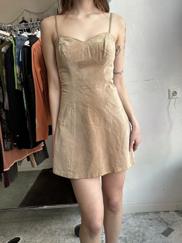 beige mini suede leather dress