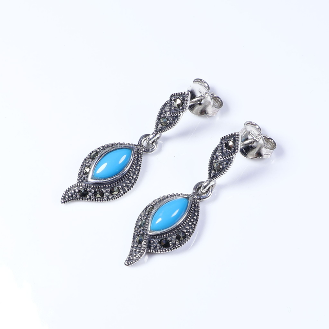 Sterling Silver 925 Art Deco Style Blue Marquise Cut Turquoise Colour Marcasite Navajo Feather Native American Design Drop Dangle Earrings