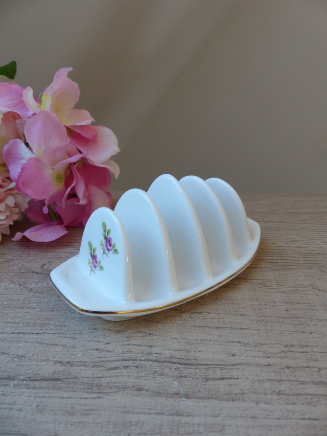 Porte-toast vintage en porcelaine – Staffordshire England G.L.M, décor floral romantique, style art déco