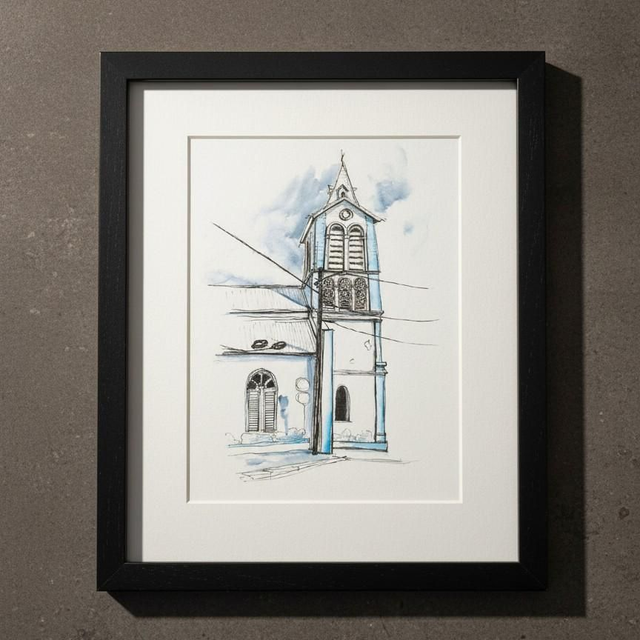 Encre et aquarelle - Église Sainte Rose de Lima - Le Robert - Martinique 