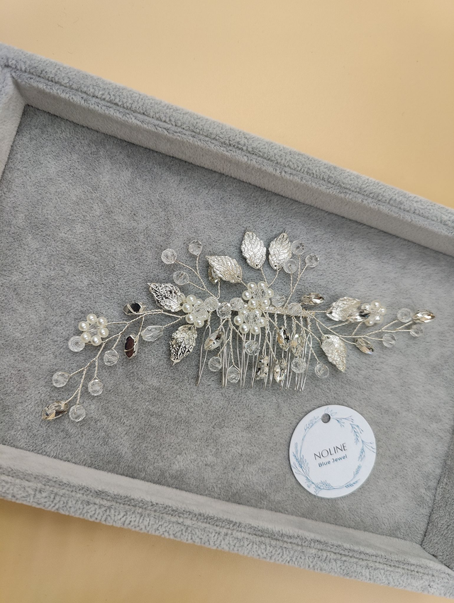 Peigne cheveux mariée feuilles argentés et perles blanches, accessoires de coiffure, bijoux de cheveux, chignon de mariée